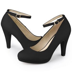 Women's Round Toe Stiletto Heel Ankle Strap Black Pumps
